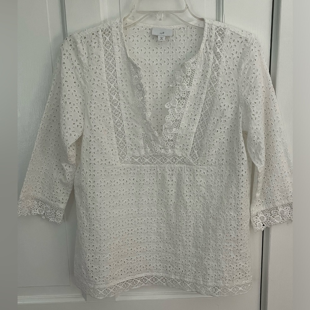 J. Jill 100% Cotton White Eyelet 3/4 Sleeve Tunic PXS Cottagecore Grannycore